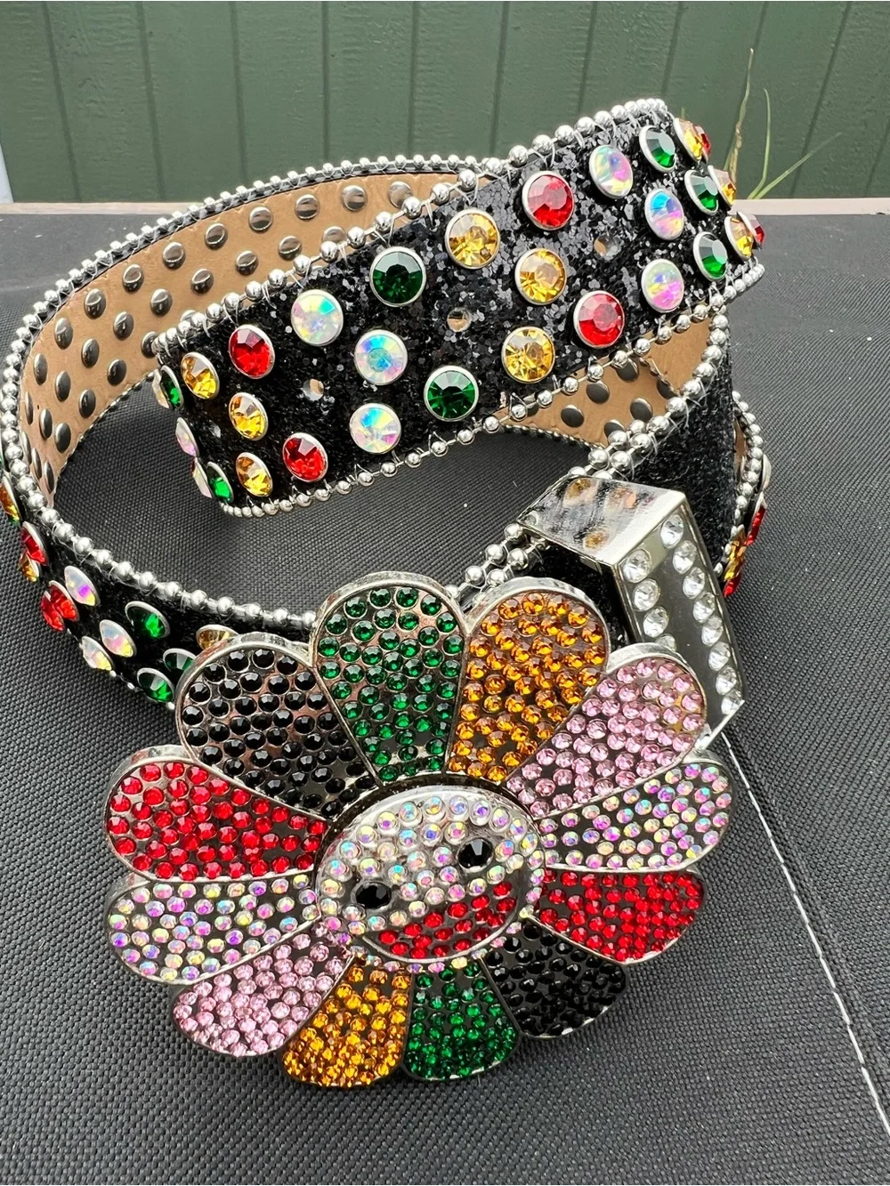 Y2K MURAKAMI FLOWER SILVER RHINESTONE GLITTER STUDDED BB BELT *1 Rhinestone Miss
